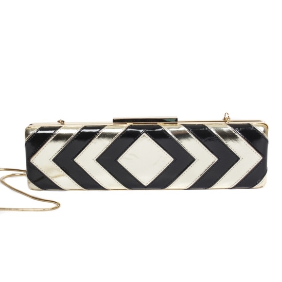 Carlisle Handbags - Carlisle Black and Gold Metallic Chevron Clutch